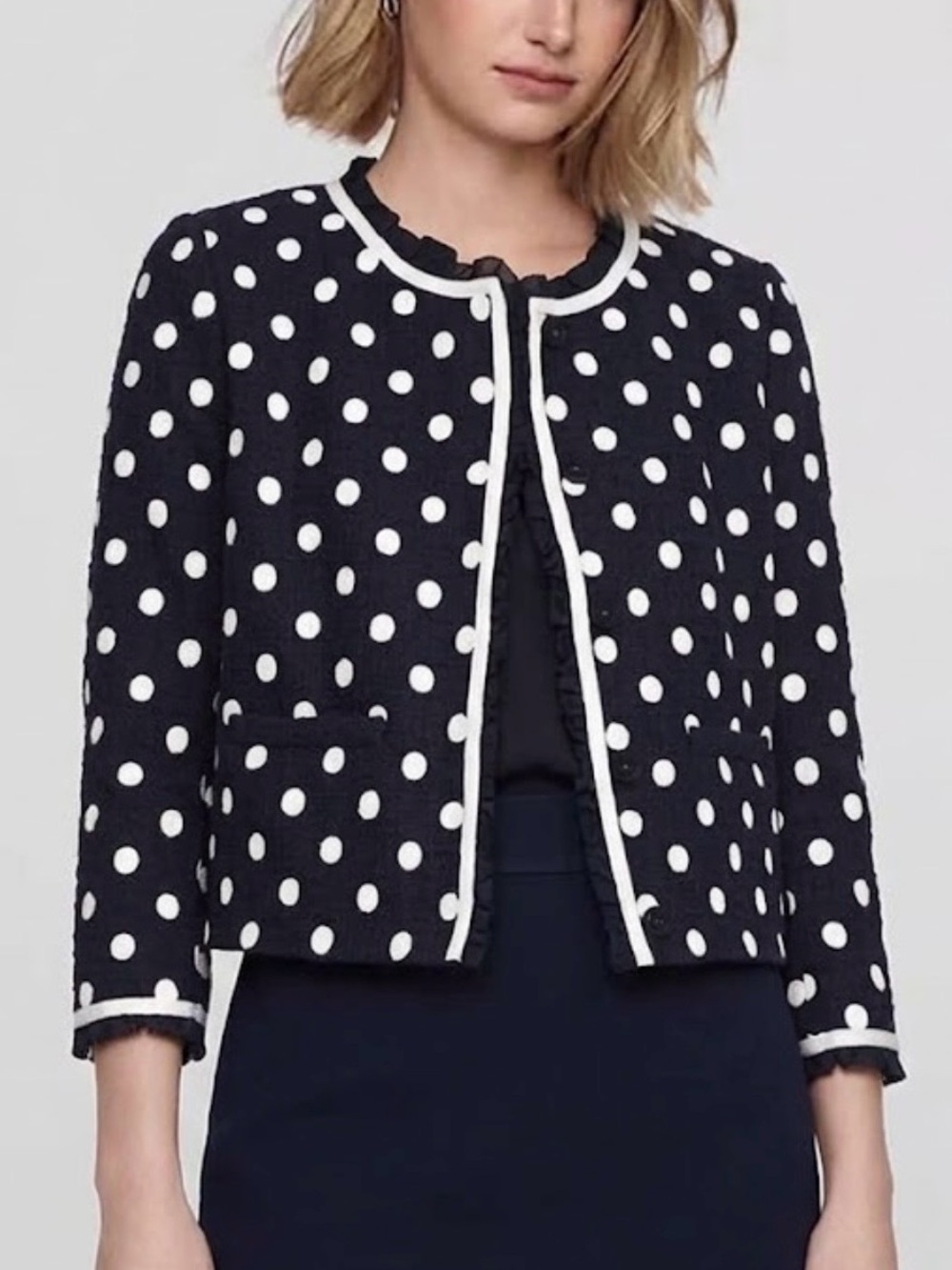 J. Crew Navy Polka Dot Boucle Ruffle Trim Blazer Womens Size 2 Cropped Jacket